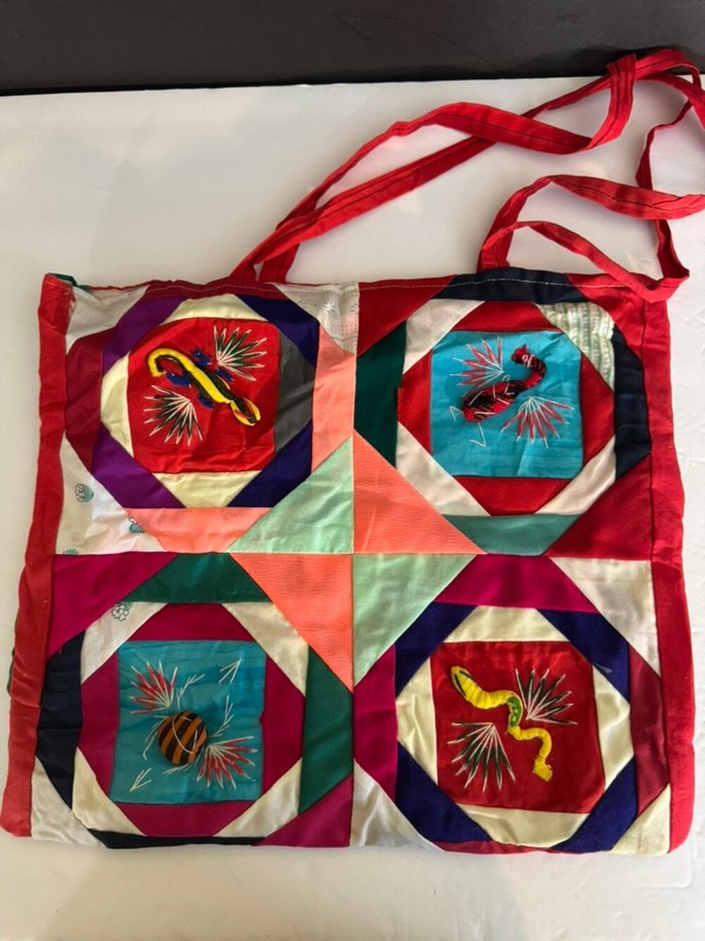 Handmade "Bai Jia Bei, One Hundred Families" Appliqué Chinese Textile Tote Bag